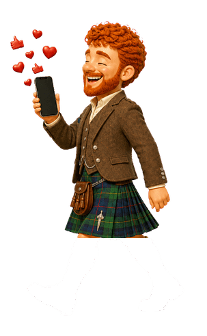 An entrant in Highland dress with a phone