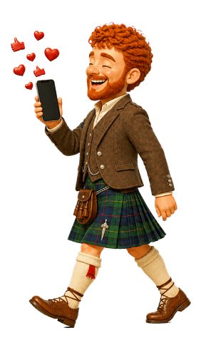 An entrant in Highland dress with a phone