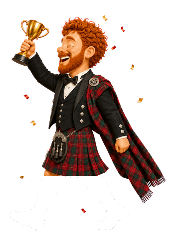 An entrant in full Highland dress with a trophy