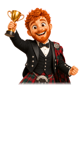 A Scot in full Highland dress lifting a gold trophy, confetti falling