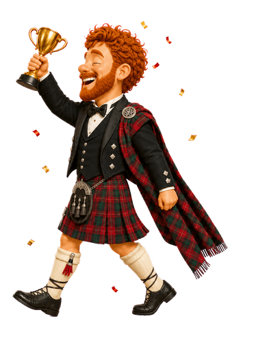 An entrant in full Highland dress with a trophy